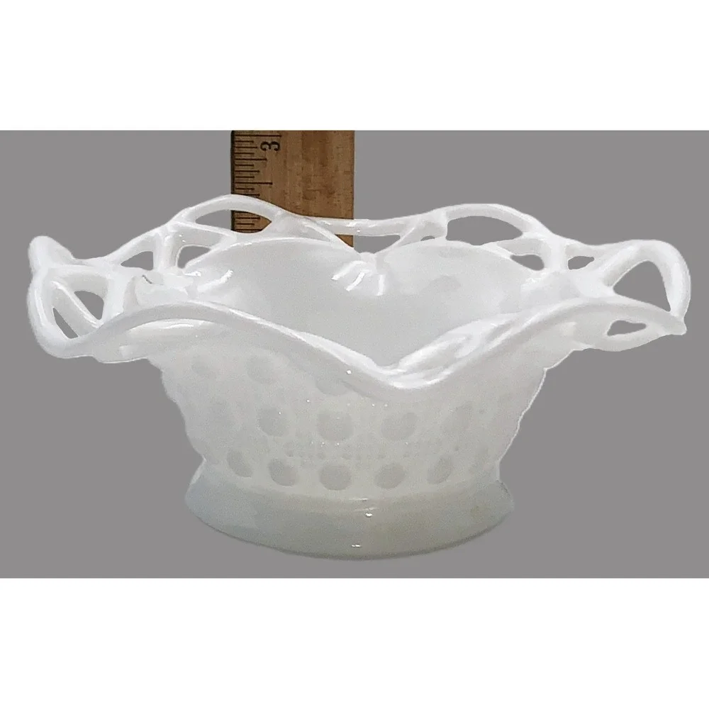 Vintage Imperial Milk Glass Lace Edge Lattice Bowl 6 in Decorative Footed Dish